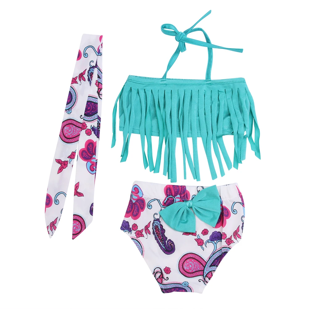 Summer Baby Girls Two Pieces Bikini Swimwear Tassels Tops Floral Briefs Swimming Suit Swimsuits Swimwear with Headband for Girls