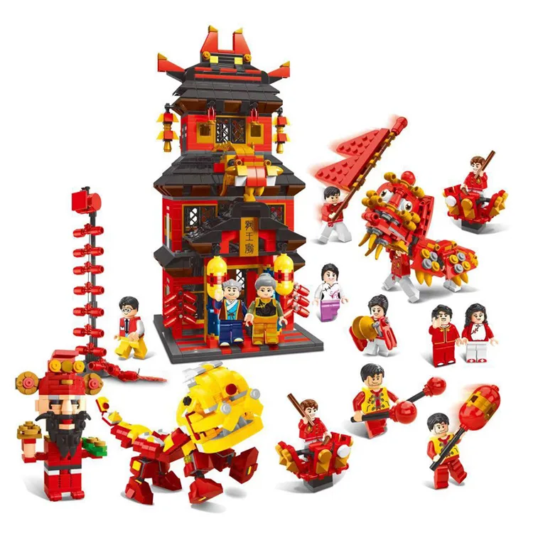

Chinese New Year'S Building Blocks Chinatown Dragon Lion Dance Welcome the God of Wealth Figures DIY Bricks Toys Gift for Chil