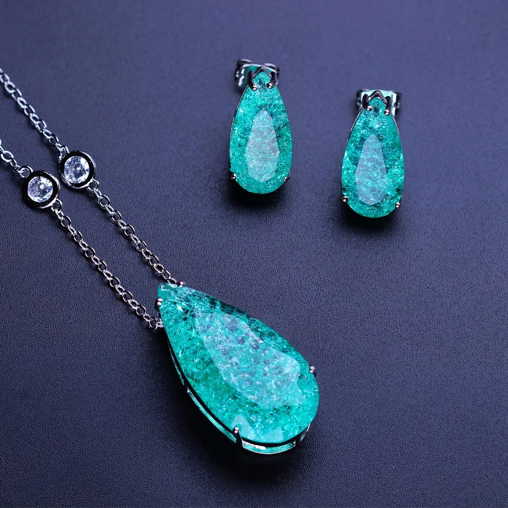 

Explode Stone Jewelry Set Water Drop Green Crystal Stud Earring &Pendant Necklace for Party Jewelry Women Gift SWX0016502