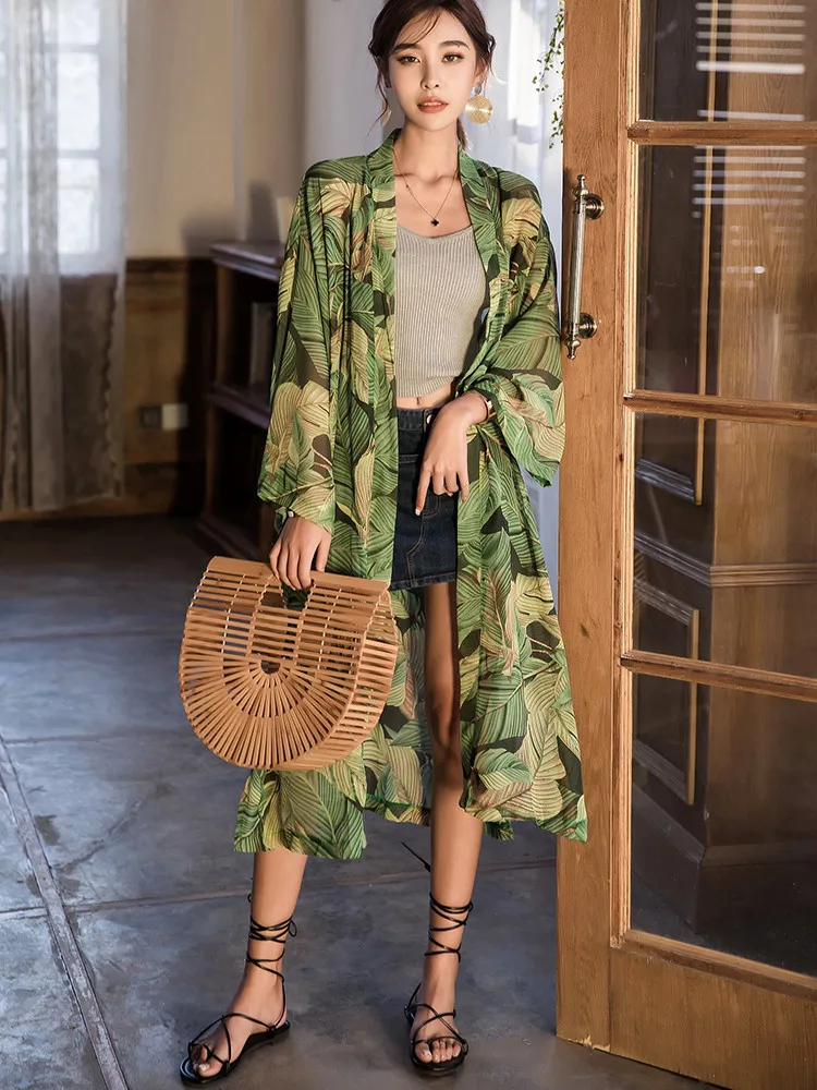 Runway Summer Fashion Women Floral Print Long Kimono Cardigan Long Sleeve Summer Blouse Blusas Bohemian Chiffon Vintage Kimono