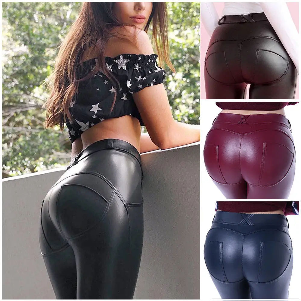 

CROSS1946 Women PU Leather Pants High Elastic Waist Leggings Not Crack Slim Leather Leggings Skinny Faux Trousers Women S-XL