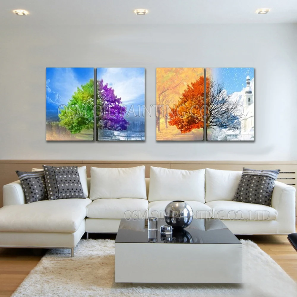

Free Shipping 4 Panels Trees Oil Painting On Canvas Abstract Four Seasons Trees Landscape Oil Painting For Home Decoration