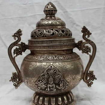 

Free shipping Collectible bronze S1627 9" Tibet Tibetan Religion Silver Shakyamuni Buddha Statue Incense Burner Censer