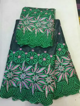

5Y Wonderful green african Bazin brocade lace fabric fuchsia embroidery and 2Y net lace with beads for clothes OZ12