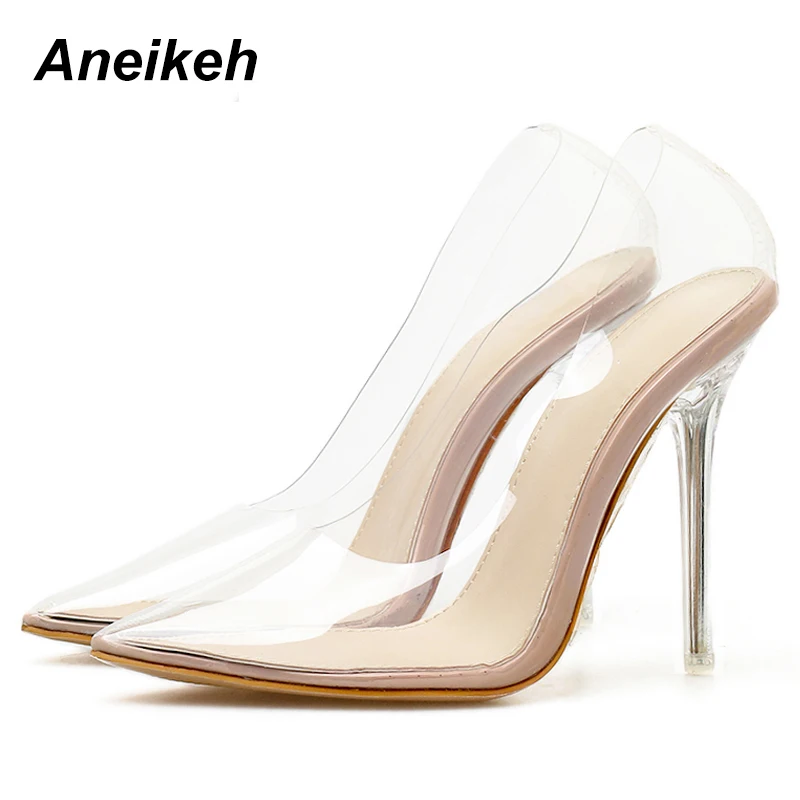 

Aneikeh Spring Summer Clear Plastic Transparent PVC Pump Club Party Shoes Fashion Sexy Party Fine Heel Female High Heels Shoes