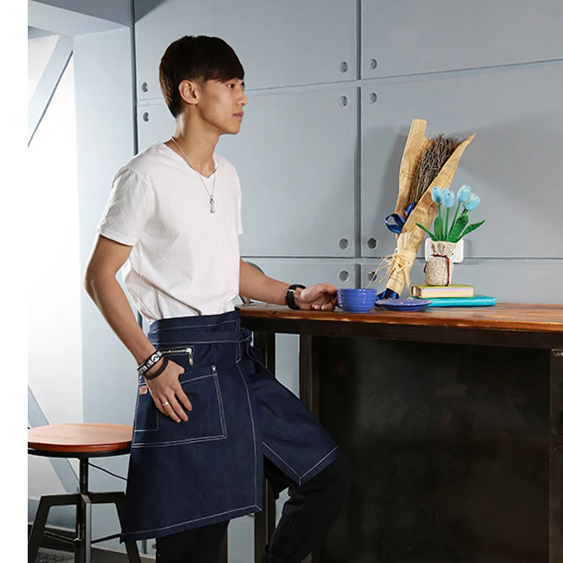 Aprons With Pockets Denim Half Body Cotton Cafe Cowboy Uniform Unisex Aprons for Woman Men Kitchen Chef Waiter Cooking WQ013
