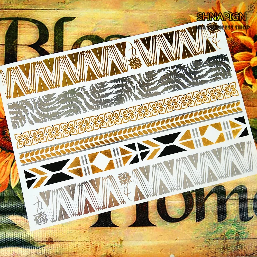 

SHNAPIGN 24 style Temporary Tattoo Body Art, golden flowers Designs, Flash Tattoo Sticker Keep 3-5 days Waterproof 21*15cm