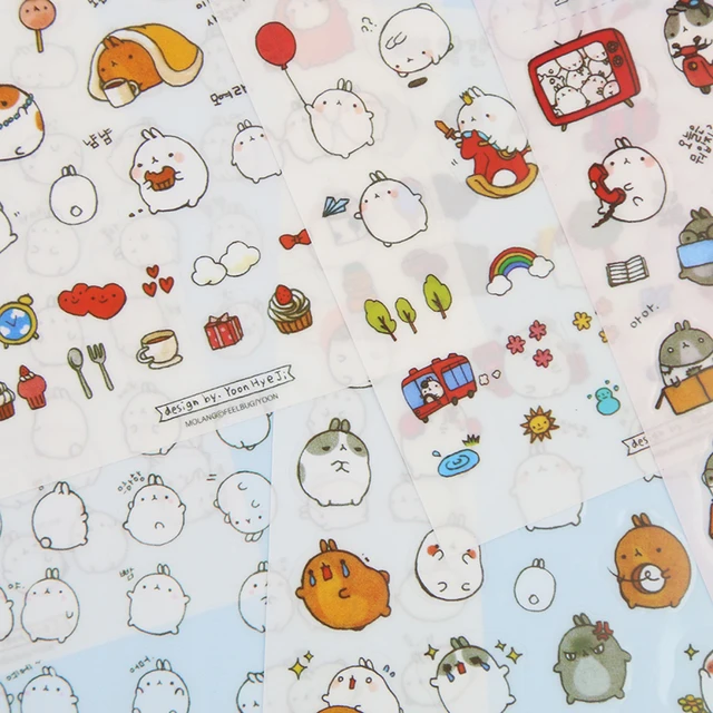 6 Pcs Molang Cartoon Rabbit Decorative Stickers Mobile Phone Stickers Stationery Diy Album Stickers Material Escolar Kawaii