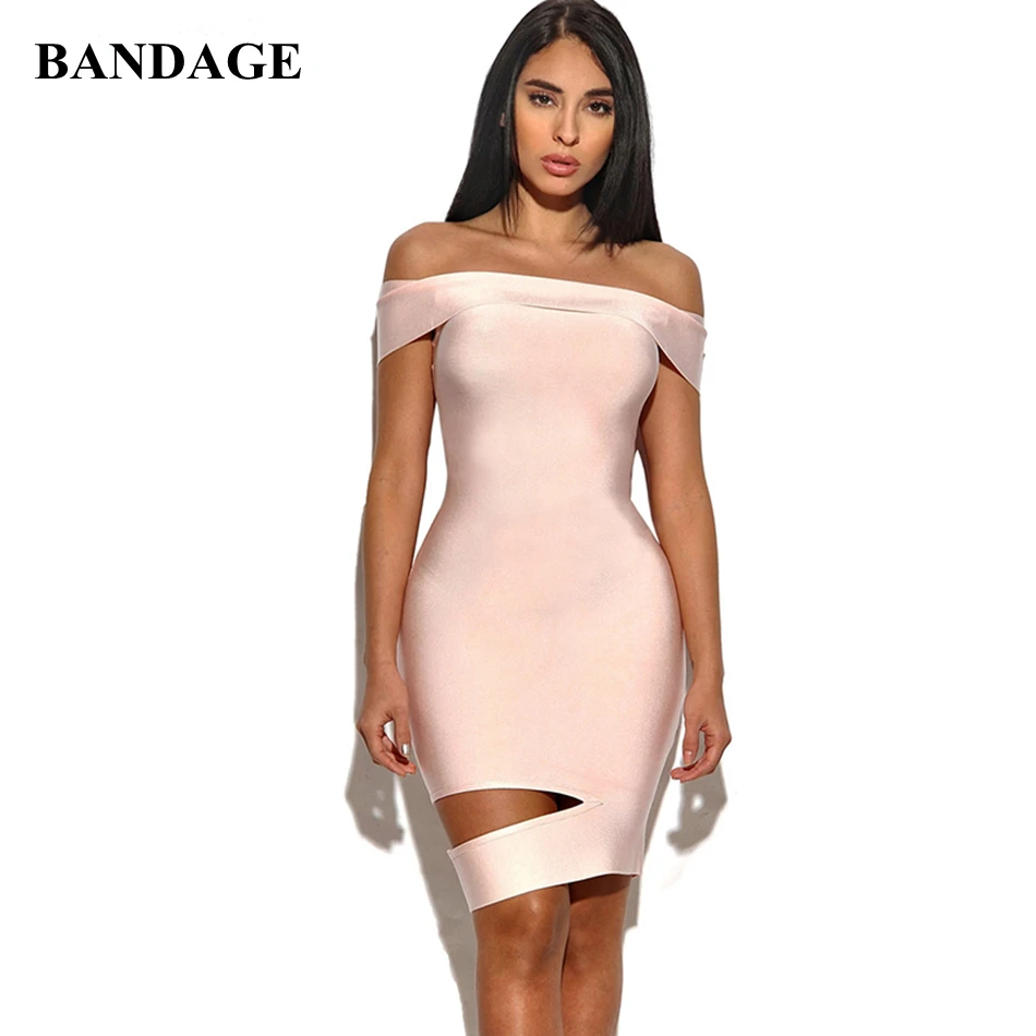 

Pink Woman Summer Dress Vestidos Off the Shoulder Cutout Bandage Dresses Elegant Slash Neck Leger Babe HL FH30