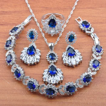 

High Quality Blue Crystal Jewelry Set For Women Zirconia Earrings Silver Color Necklace Set Pendant Rings Bracelet JS0475