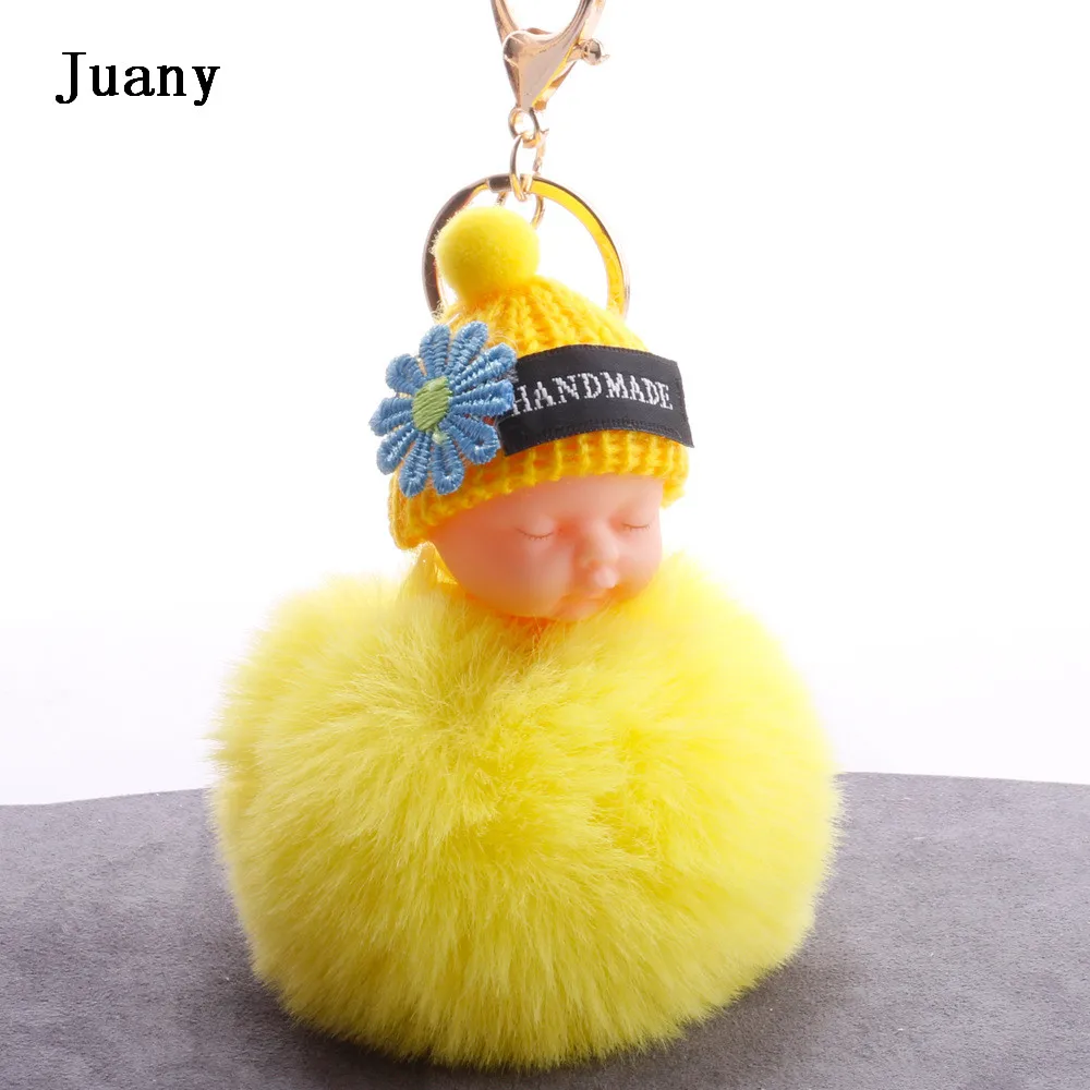 Fluffy fur pompom keychain cut sleeping baby doll keychain fake rabbit fur key chain 09