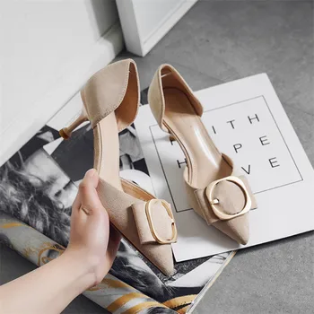 

Classic heels suede women shoes Big buckle heels thin pointed toe ladies shoes hollow stiletto heels shallow mouth women pumps