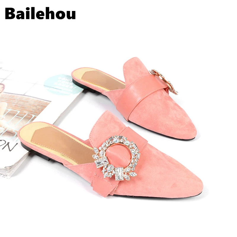 

Bailehou Women Mules Slippers Fahion Crystal Slippers Flock Female Mules Flat Heels Shoe Pointed Toe Elegant Woman Slipper