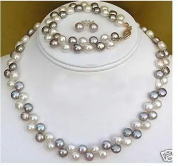 

Free shipping New style Natural noble jewelry>>>>2 rows Black White pearl necklace bracelet earrings