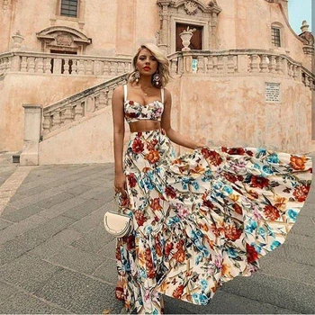 

2019 Women Summer Boho Beach Dress Two Piece Set Print Straps Sexy Dress Floor-Length Long Elegant Party Dress aa651