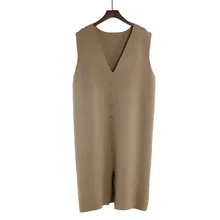 Осенне-зимний свитер, жилет, корейское Элегантное трикотажное платье, жилет с v-образным вырезом, на пуговицах, с разрезом, без рукавов, длинные свитера