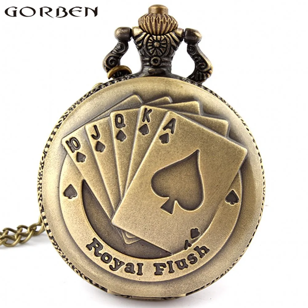 

Flush Poker Pattern Necklace Watch Vintage Style Bronze Pendant Chain Clock Quartz Pocket Watch Dropshipping Xmas Gift P80