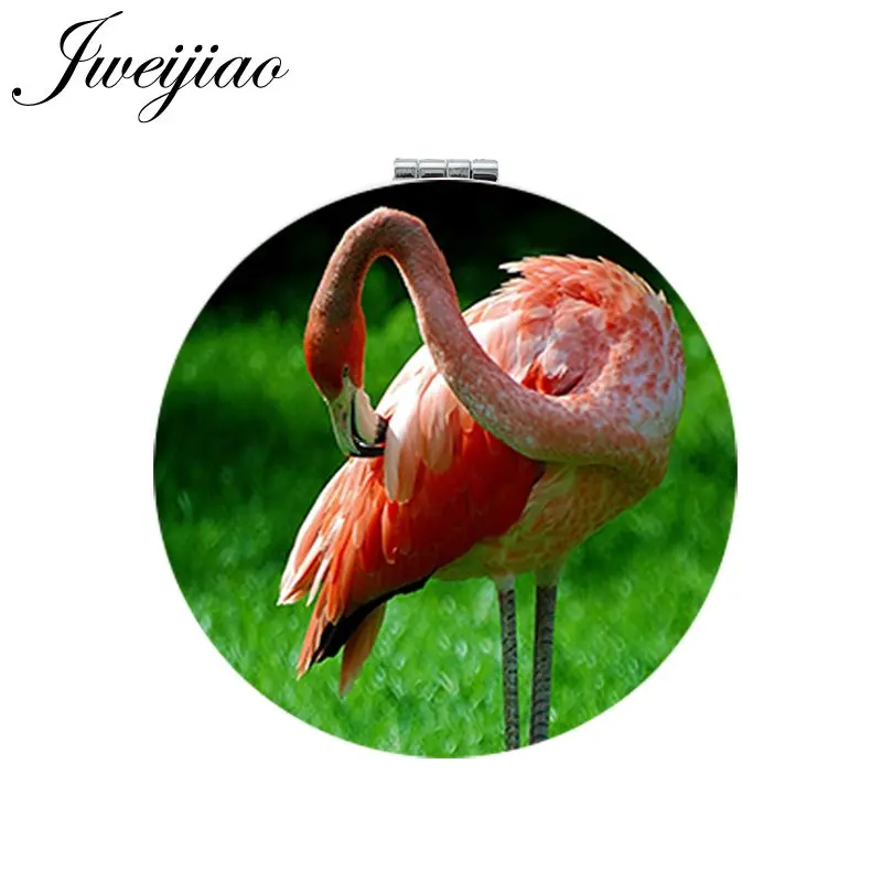 

JWEIJIAO Flamingo Love Birds Round Pocket Mirror PU Leather Hand Mirror Mini Folding Compact 1X/2X Magnifying Makeup Mirror