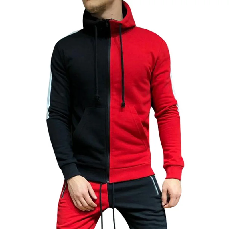 Black-Red 2 шт., уличный тренировочный костюм-печворк, мужские толстовки+ толстовка с капюшоном для бега, полосатая футболка Vete, повседневная мужская одежда на шнурке - Цвет: Black-Red
