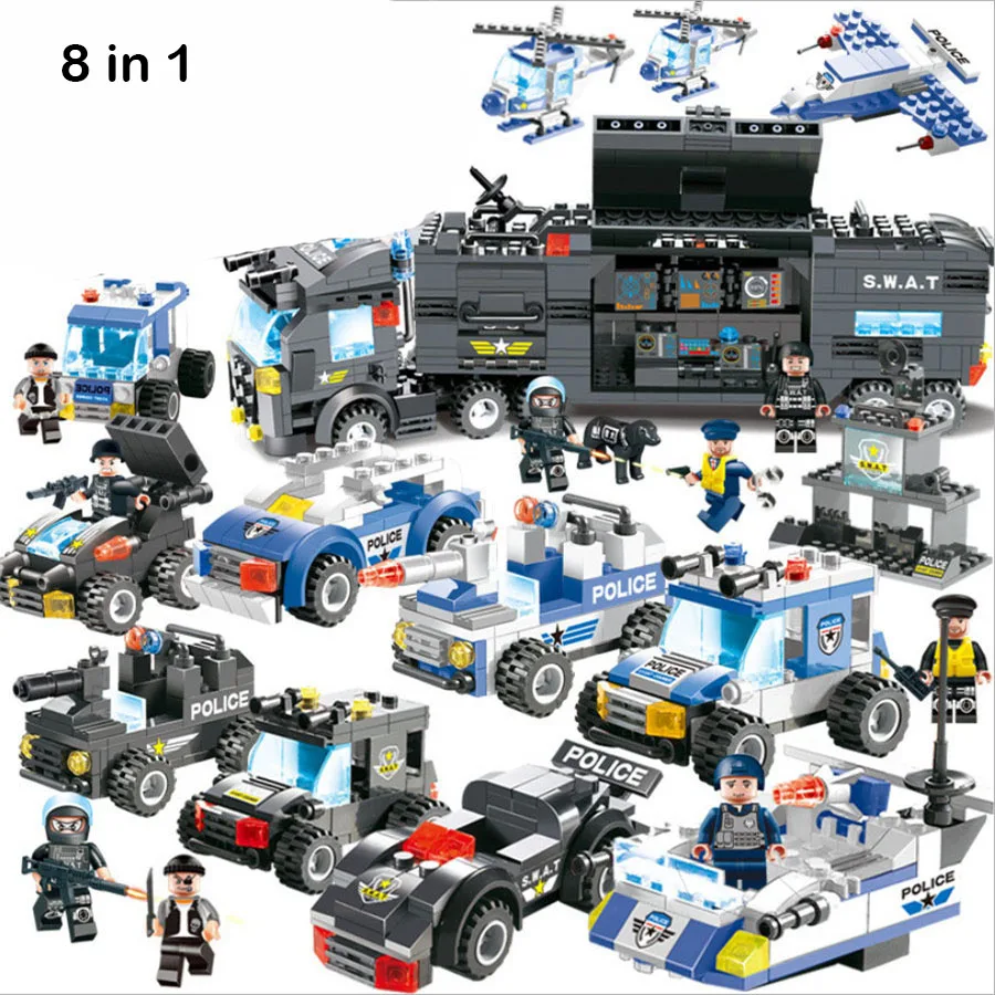 

City Police Series 8 in 1 Vehicle Car Helicopter Police Station Building Blocks DIY Bricks Compatible with Legoed Blocks
