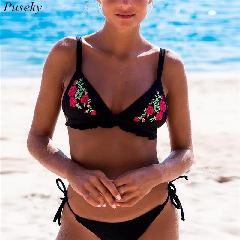 

2pcs Print Sexy Black Broidery Bikini Top Lingerie Bra + Brief Seashore Swimsuit Swimwear Set for Teen Girls and Women
