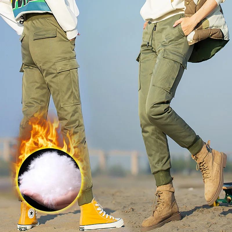 

warm down wadded pants woman full-length sports cargo pants adjustable elastic waist band multi-pockets winter autumn fit cut