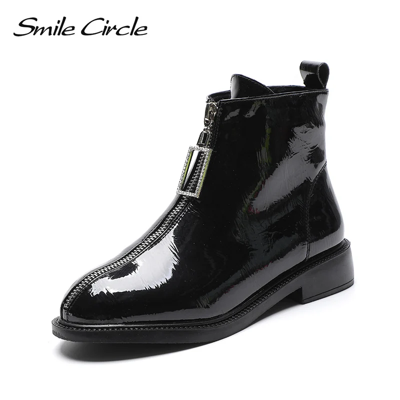 Kopen Glimlach Cirkel winter Laarzen Vrouwen lakleren Laarzen Warm Bont rits Ronde neus Platte korte Laarzen Hoogwaardige Herfst Dames Schoenen