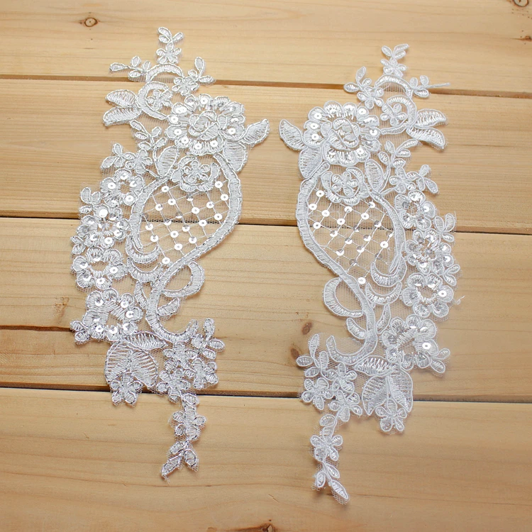 

10/Lot Silver Line Car Bone Embroidery Pair Flower Lace Patch Handmade DIY Applique Wedding Dress Headwear Clothing Accessories