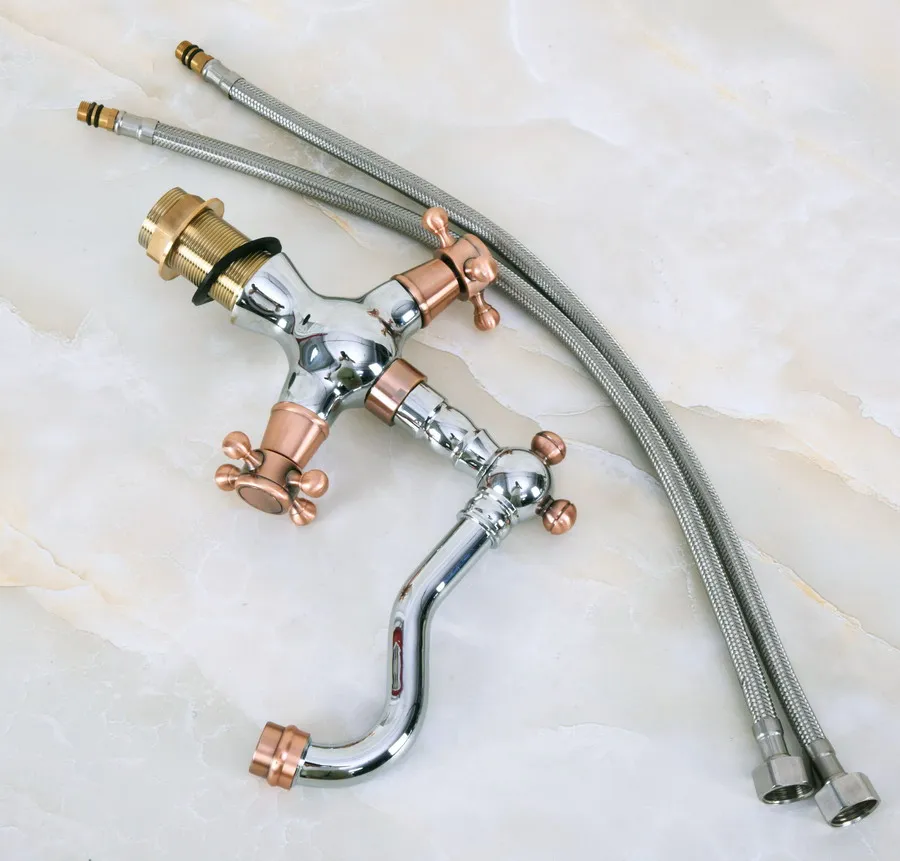 Polished Chrome Red Copper Brass Swivel Spout Double Cross Handles Kitchen/Bar Bathroom Sink Faucet Hot&Cold Mixer Tap anf904