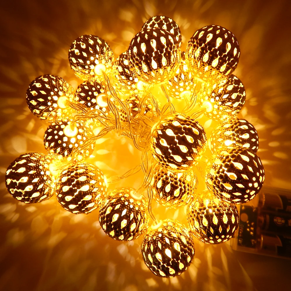 

Holiday Light Novelty Moroccan Strip WarmWhite 5M 20 Lamp Iron solid Balls LED String Lights Flashing Light For Party Decoration
