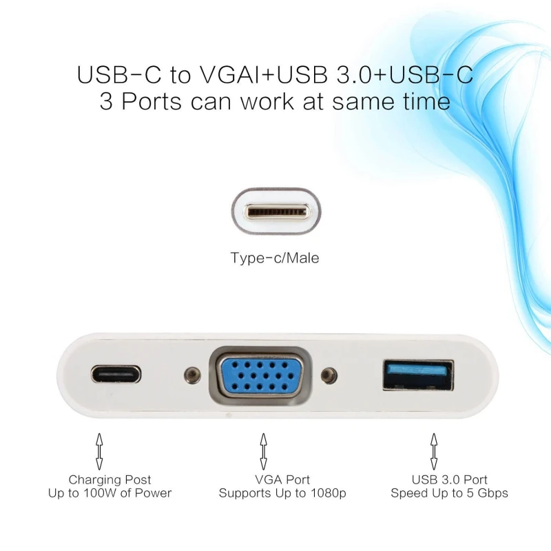 Кабель-Переходник USB C на VGA адаптер 3-в-1 мульти Порты и разъёмы Тип usb C видео конвертер Кабель VGA Женский/USB 3,0 центр данных/USB док-станция с USB Порты и разъёмы