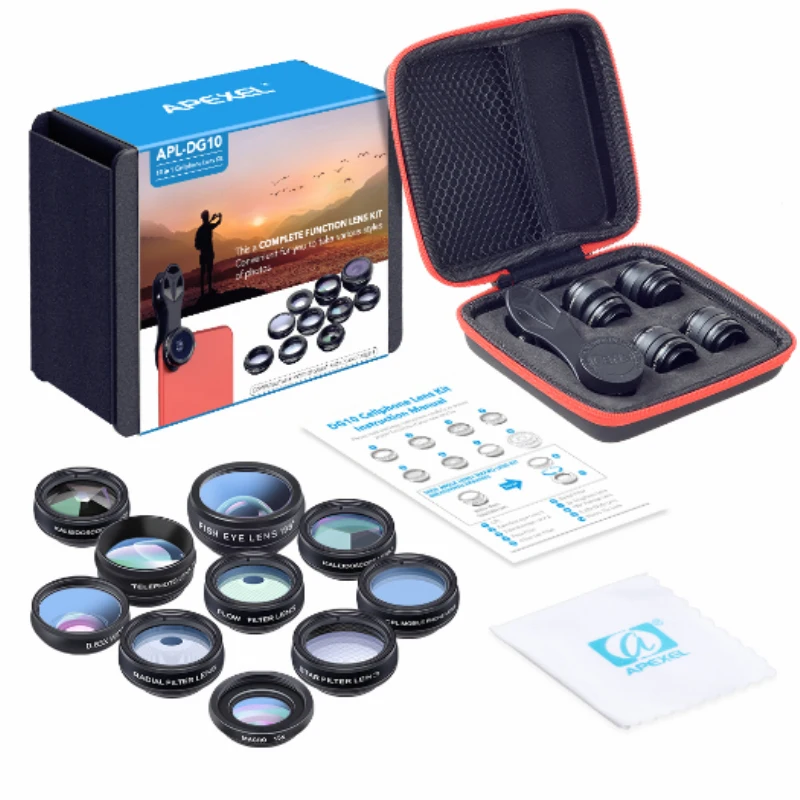

APEXEL 10in1 Phone camera Lens Kit Fisheye Wide Angle macro 2X telescope Lens for iPhone Xiaomi galaxy android phones