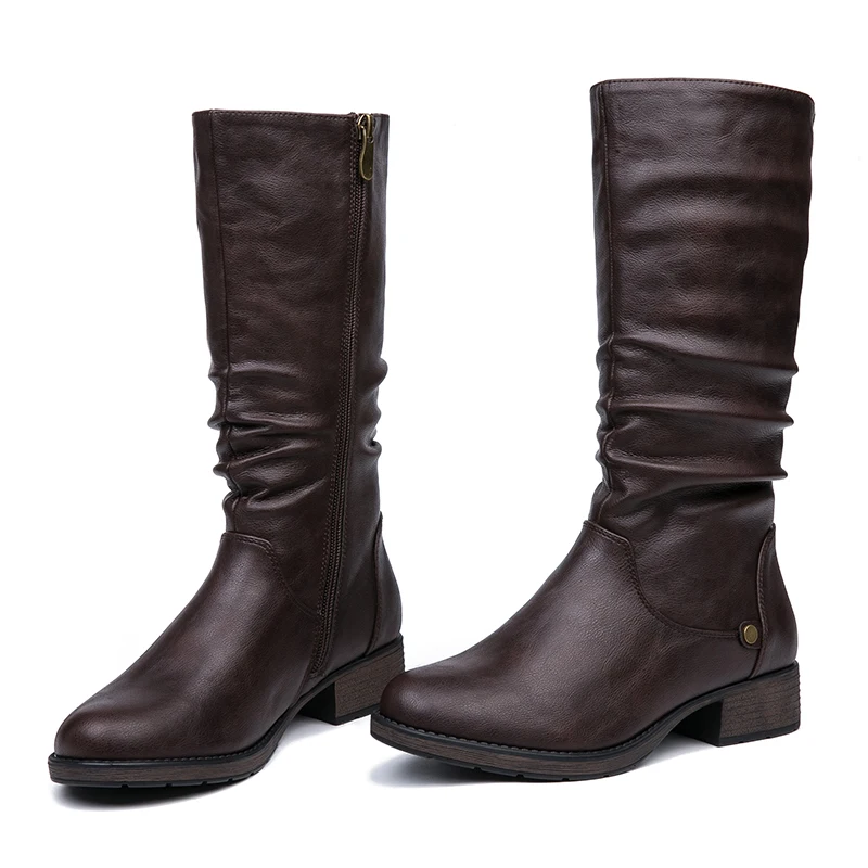 IMG_5615AIMEIGAO New Autumn Winter Mid-calf Women Boots Flats Heels Warm Plush PU Leather Boots High Quality Knee High Boots