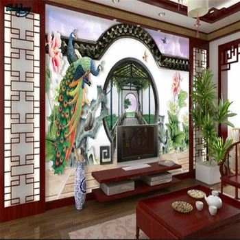 

beibehang Large custom wallpaper Peacock 3d garden round door moon door peony backdrop decoration