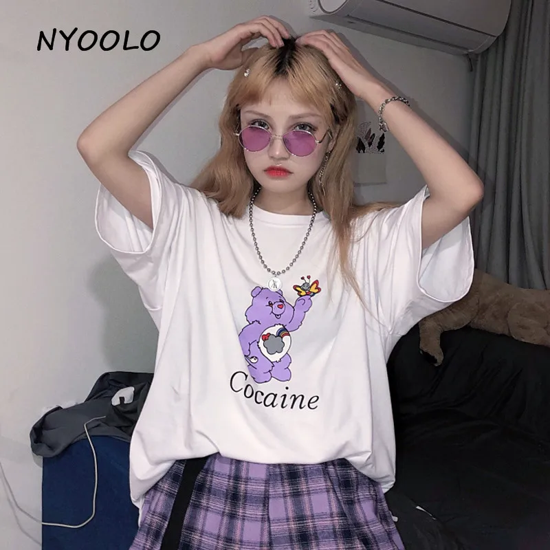 

NYOOLO Sweet funny Rainbow Bear letters Print tee shirt Vintage summer streetwear Short Sleeve T-Shirt women clothing Tops tee