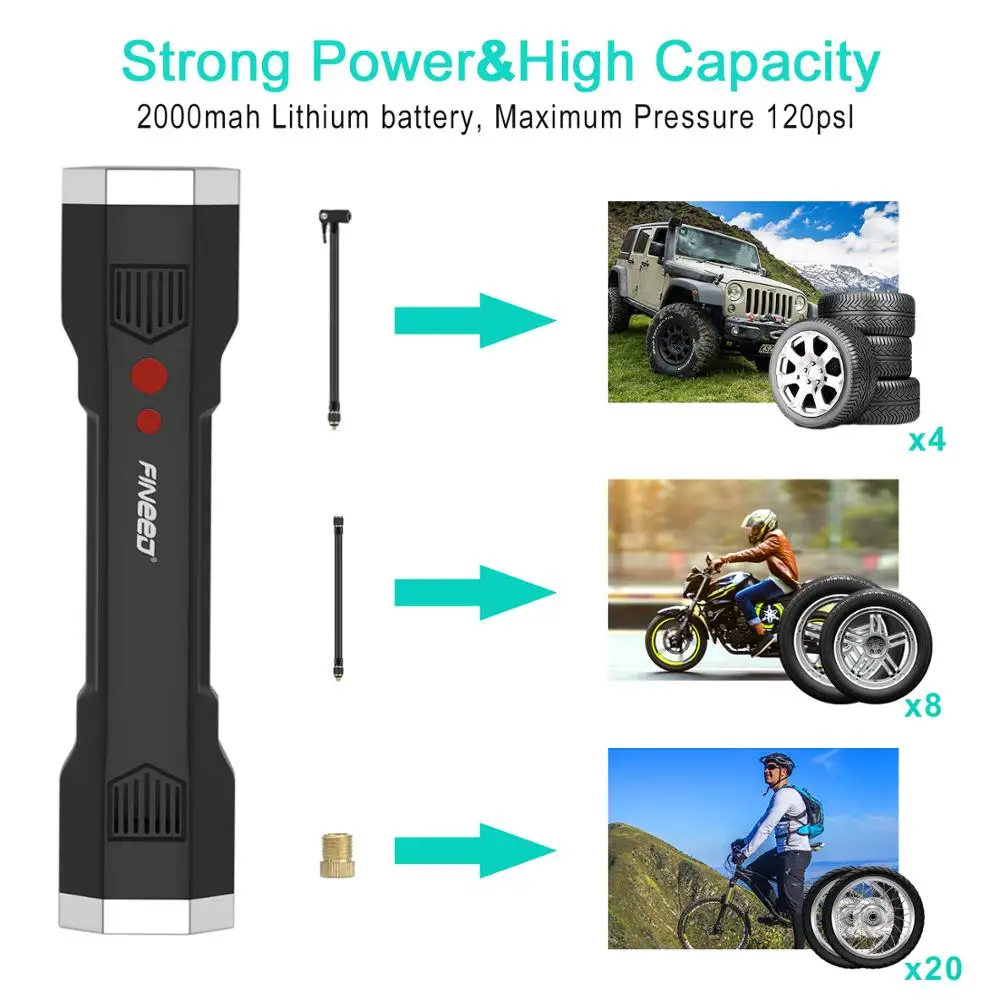  Fineed 12V air compressor car tyre inflator mini portable electric auto pump 2000mAh 23L/M 120 PSI 