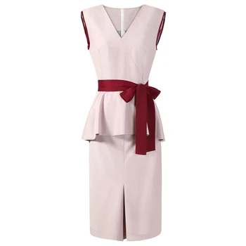 

New Designer Women Solid V-Neck Peplum Dress Fashion OL Work Dresses J0699