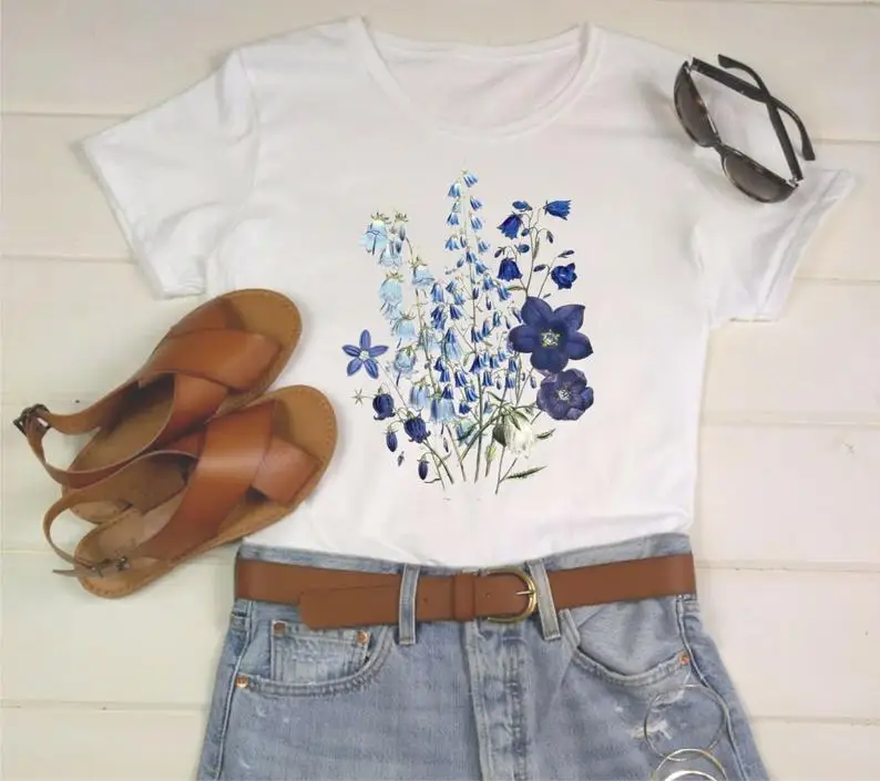 

Jardin Azure Botanical Tee Lady's Vintage Fashion Summer Shirt Wildflower Floral Grapic Funny Tshirt 90s Gungre Tops