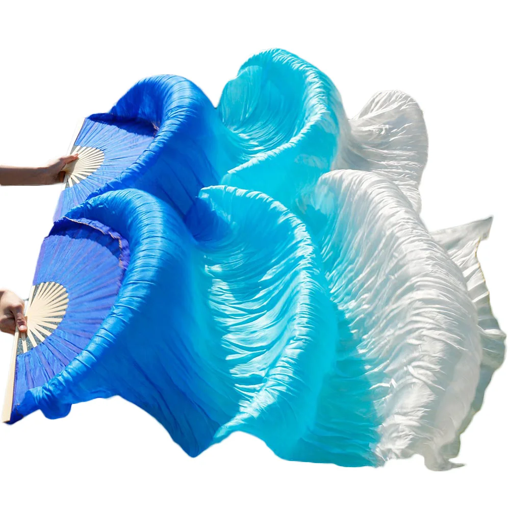 

2018 Newest Belly Dance Silk Fans Handmade Dance Fans 1 Left Hand+1 Right Hand Royal blue + turquoise + white