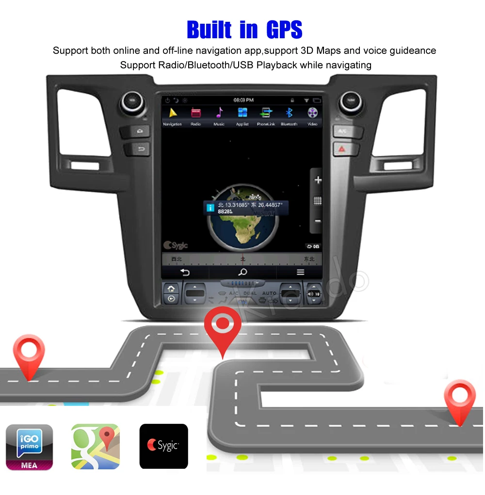 Krando Vertical screen android car radio multimedia For For )Toyota fortuner Revo 2012-2015 Big screen navigation with gps system