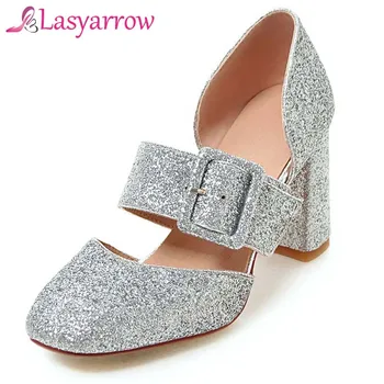 

Lasyarrow Nightclub Sexy Woman Square Toe Pumps Sexy Cut Outs Buckle High Thick Heels Party Wedding Shoes Black Red Gold Silver