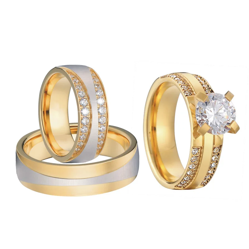 Alliance 3 шт обручальные кольца набор для мужчин и женщин золотого цвета из нержавеющей стали ювелирные изделия его и ее обручальные кольца для пар