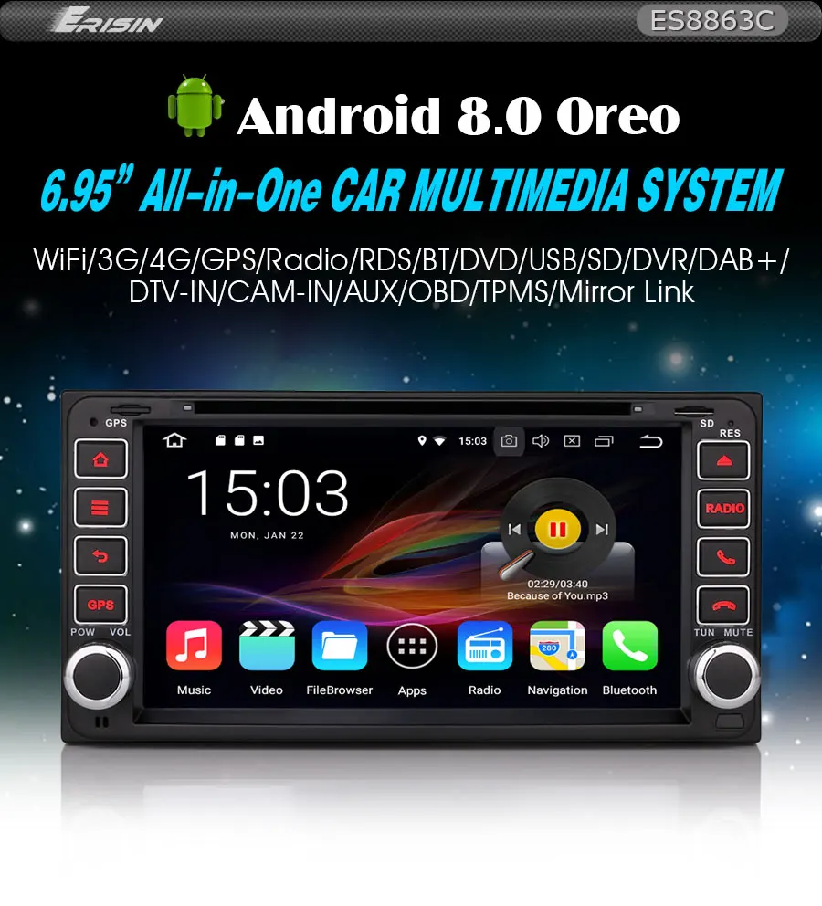 Best Erisin ES8863C 7" Android 8.0 Octa core 4G RAM Car DVD Player  DAB+  For  toyota Universal Cars 0
