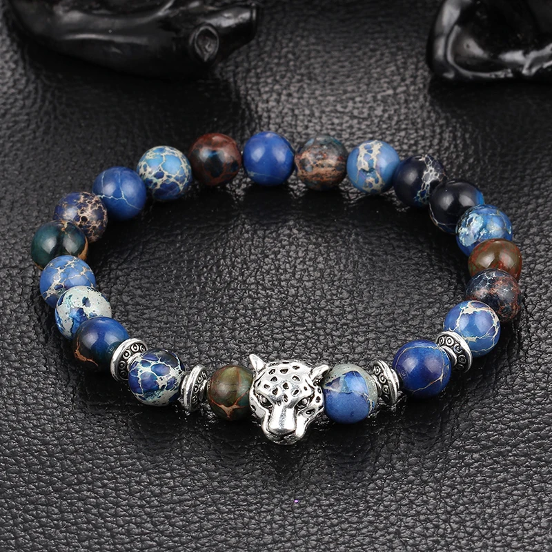 

Antique Gold/Silver Plate Buddha Leo Lion Head Crystal Bracelet Men Women Imperial Stone Created Beads Bead Bracelets F6072