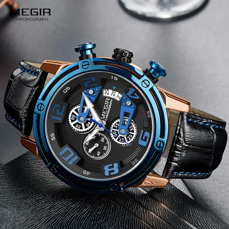 Megir для мужчин спортивные повседневные часы кожаный ремешок Хронограф Военная Униформа наручные человек стоп Relogios Masculino 2078 синий