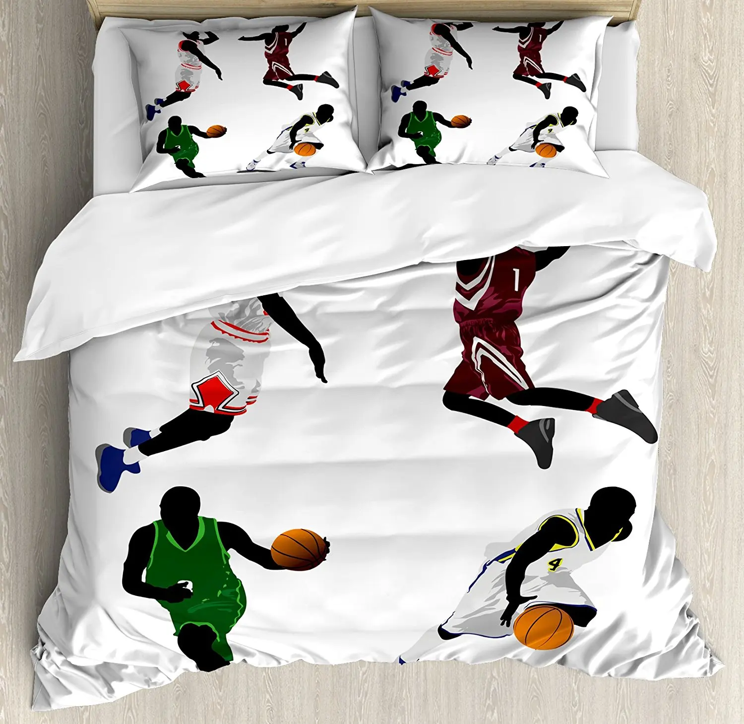 

Sports Duvet Cover Set Basketball Players Dribbling Dunking Floater Vibrant Colored Uniforms Sportsmanship 4 Piece Bedding Set