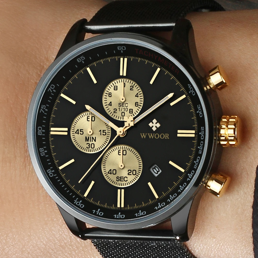  Relogio Masculino WWOOR Luxury Brand Military Sport Watch Men's Quartz Clock Male Mesh Steel Casual