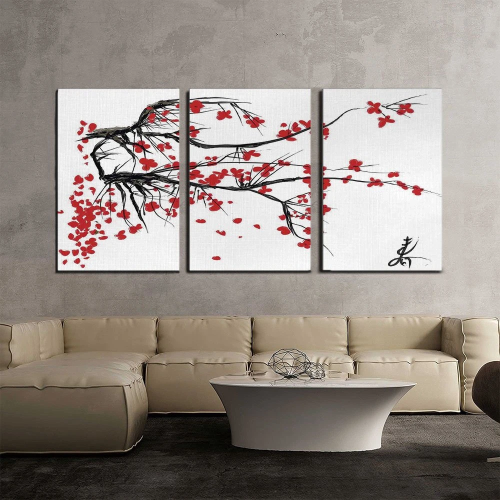 

HD Print Chinese Ink Painting Style Landscape Mountain and Plum Blossom Sakura Cherry Tree Summer Time Vintage Cultural Artwork