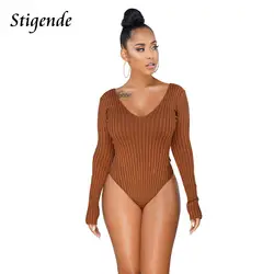 Stigende Для женщин Bodycon V шеи топы, боди стретч с длинным рукавом Вечерние боди комбинезон сексуальные твердые ребристые узкие комбинезон