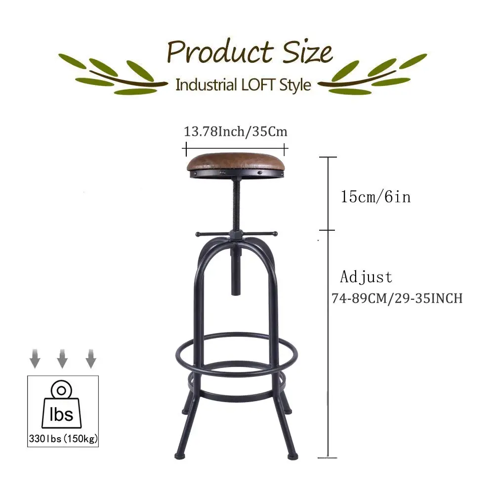 Промышленный барный стул, Винтаж Регулируемый табурет, 29-35 дюймовый чугунный табурет, Кожаная подушка из искусственной кожи сиденье